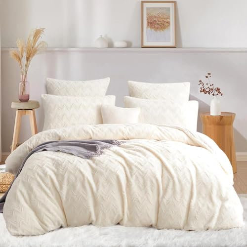 Nyescasa Plüsch Bettwäsche 220x240 Beige Wellen Warme Winter Flauschig Flanell Wendebettwäsche Langhaar Deckenbezug Teddy Fleece Cashmere Touch Bettbezug mit Reißverschluss und 2 Kissenbezug 80x80cm