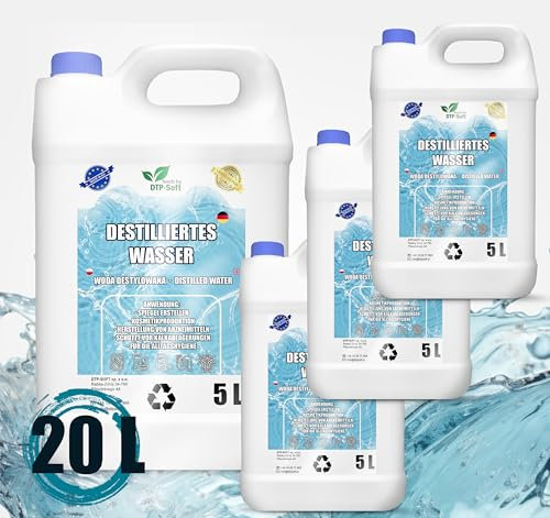 Eau distillée 100% pure 20L | Eau déminéralisée 4x5L - eau distillée adaptée pour fer à repasser, humidificateur, batteries et bien plus encore