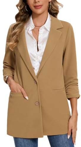 MINTLIMIT Lightweight Women’s Mid Length Long Blazer with Two-Button Closure and Front Besom Pockets,Khaki M