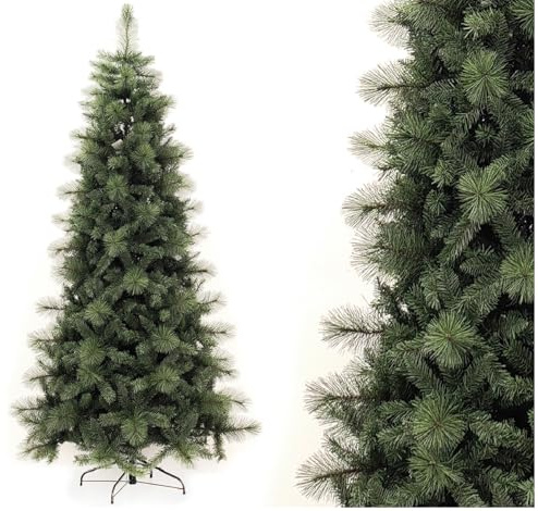 Albero di natale cm 210 slim verde pino artificiale apertura ad ombrello stretto D 107 folto pieno salvaspazio ignifugo