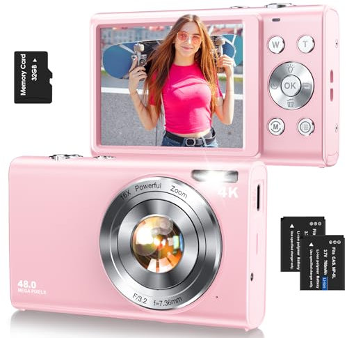 Digital Camera,Autofocus 4K Vlogging Camera for Photography with 32GB Card,48MP Portable Compact Point and Shoot Digital Camera for Teens Adult Beginner with 16X Zoom,Anti-Shake,2 Batteries(Pink)