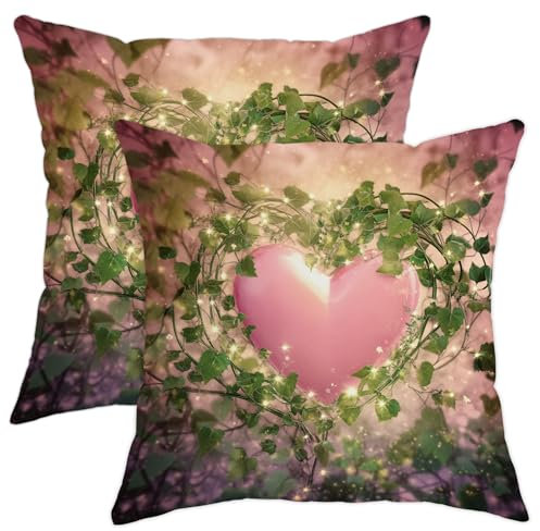 Dekorativer Kissenbezug mit Efeu-Herz, Pfirsich-Liebe, romantischer Frühling, Bauernhaus-Dekoration für Zuhause, Couch, Sofa, Bett, 40,6 x 40,6 cm, 2 Stück