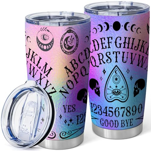 Equoza 20oz Rainbow Spirit Board Tumbler – Insulated Stainless Steel Travel Mug with Lid, Witchy Wicca Goth Moon Design, Halloween Tumbler Gift for Women