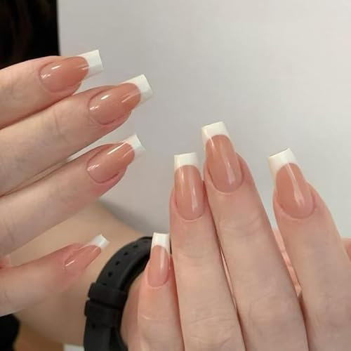 Kaiperala 24pcs French Tip False Nails Medium Coffin Press on Nails White Edge Coral Pink Stick on Nail Removable Glue on Acrylic Full Cover Fake Nail Tips Accessories for Women Girls