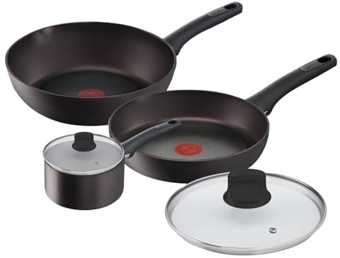 Lagostina Cucina Eco Set di Pentole e Padelle Antiaderenti in Alluminio, 5 pezzi, una Padella 24cm con coperchio, una Casseruola Manico Lungo 18cm con coperchio e un Wok 28cm, anche a Induzione