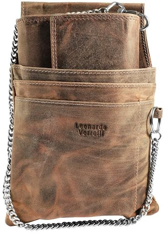 LEONARDO VERRELLI Kellner Geldbörse, aus Leder, Kellnerbörse, Geldbeutel, Taxi, Damen Herren Portemonnaie mit oder ohne Holster, Steck-Tasche, mit Kette und großem Münzfach in schwarz (Braun)