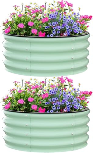 Rundes verzinktes Hochbeet, 2er-Pack 60 x 60 x 30 cm verzinktes Hochbeet für die Gartenarbeit, runder Pflanzkasten aus Metall zum Anpflanzen von Pflanzen, Gemüse und Blumen (Grün)