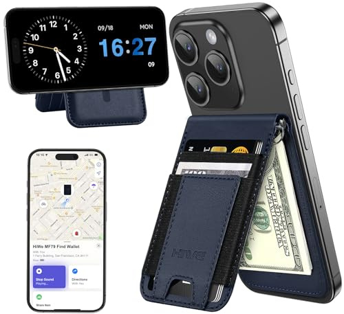 HiWe for MagSafe Wallet Find My: 9-Card Holder, Money Clip, RFID Blocking, Strong Magnet for iPhone 12-17 Series Navy Blue
