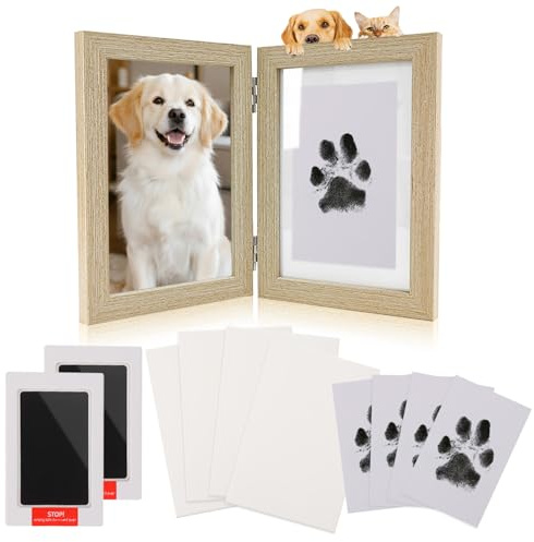 Pfotenabdruck Set Hund Katze, Fußabdruck Baby Set mit Holz Bilderrahmen | Baby Abdruckset 0-6 Monate mit 2 Tintenloses Stempelkissen 4 Karten, Geschenk für Hunde Geschenke, Baby Shower Familie