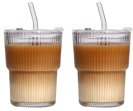 2 Pack 400ml Glass with Lids & Straws - Leakproof Iced Coffee Cups for Smoothies, Matcha Latte, Cold Brew - Clear Reinforced Glassware with Secure Lids - Dishwasher Safe Drinkware for Home & Cafes