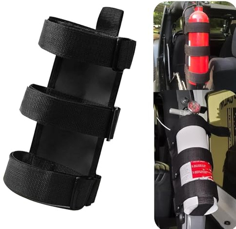 Qurbuns Roll Bar Fire Extinguisher Mount, Adjustable Car Trunk Fire Extinguisher Securing Strap with Water Bottle Strap, Compatible with Wrangler Unlimited CJ YJ LJ TJ JK JKU JL JLU (Black)
