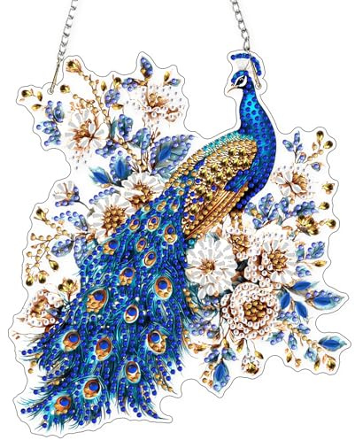 AIRDEA Pfau Diamond Painting Fensterbilder, 5D Brillante Funkelnde Blumen Diamond Painting Fensterbilder Beidseitig, Bausätze für Diamantmalerei Suncatcher Erwachsene 8x7 inch