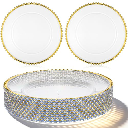 Meyeyaia 13 Acrylic Clear Charger Plates 10Pcs Elegant Gold Beaded Charger Plates Table Plate Chargers Decor for Wedding Reception, Holiday Party, Family Gathering & Daily Table Setting