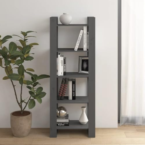 GeenYuu Bücherregal Grau 60x35x160 cm, Massivholz Kiefer, Standregal Raumteiler für Wohnzimmer, Schlafzimmer, Büro