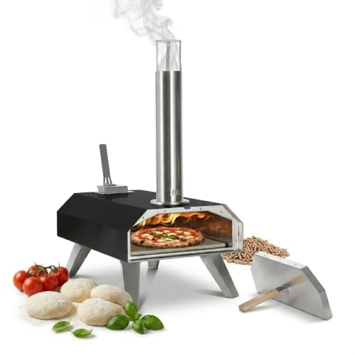Relaxdays Pellet Tabletop Pizza Oven, 400°C in 90s, black | H x W x D 72x36x68 cm, incl. pizza stone, outdoor, steel