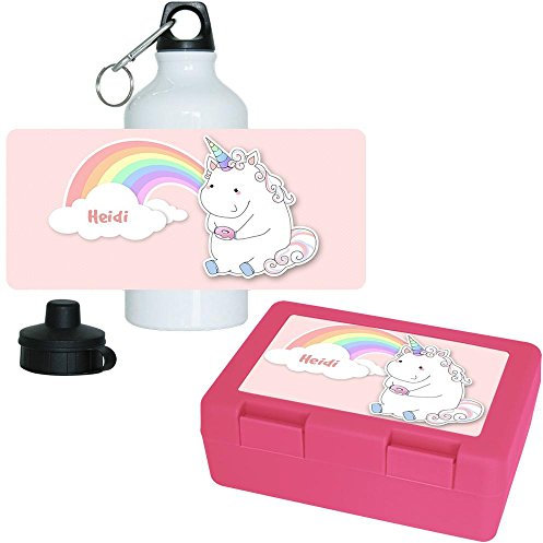 Brotdose + Trinkflasche Set mit Namen Heidi und Motiv - Einhorn mit Donut und Regenbogen - | für Mädchen | Aluminium-Trinkflasche | Lunchbox | Vesper-Box