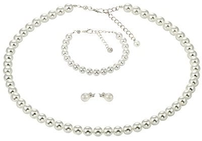 Perlenkette Weiss Armband Ohrstecker Titan Schmuck-Set Versilbert