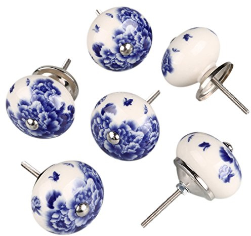 Sourcingmap 6 Pieces Vintage Shabby Knobs White and Blue Floral Hand Painted Ceramic Pumpkin Cupboard Wardrobe Cabinet Drawer Door Handles Pulls Knob, Peony