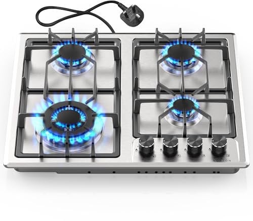 Noxton Gas Hob 4 Burner, Built-in Gas Cooker Plug & Go, Stainless Steel Easy to Clean, Cast Iron Pan Support, Flame Out Protection Prevent Gas Leakage, LPG/NG Kit, 59cm x 51cm