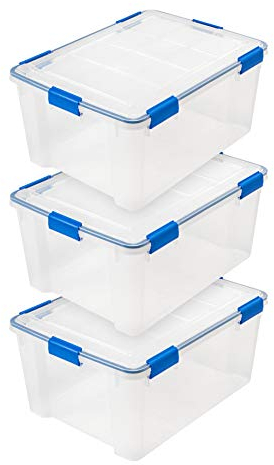 IRIS USA 60 Quart WEATHERPRO Aufbewahrungsbox aus Kunststoff mit robustem Deckel und Dichtung und sicherem Verriegelung, transparent mit blauen Schnallen, wetterfest, 3 Stück