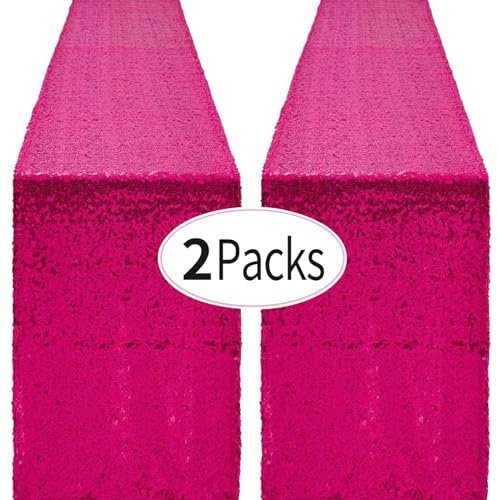 Pufogu Lot de 2 chemins de table à paillettes rose vif, 30,5 x 182,9 cm, pour décoration de fête d'anniversaire, mariage, enterrement de vie de jeune fille, fête prénatale