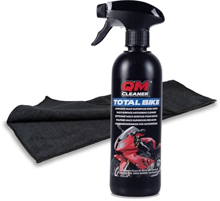 QM Cleaner Total Bike Limpiador multisuperficie para motocicleta | Kit de Limpieza en seco Moto Sin Ceras ni Siliconas - Incluye 1 paño de microfibra - 500ml