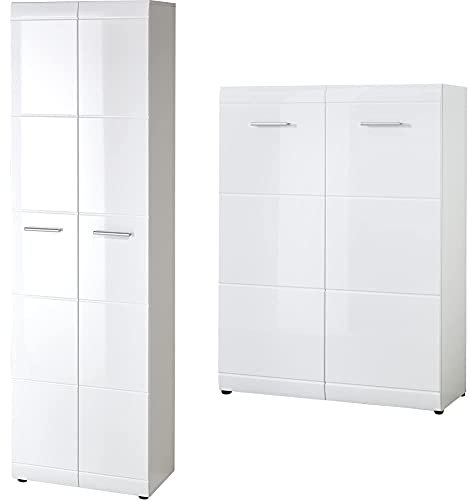 Germania 3577-84 Garderobenschrank mit Hochglanz-Fronten GW-Adana in Weiß, 59 x 197 x 37 cm (BxHxT) & 3524-84 Schuhschrank mit Hochglanz-Fronten GW-Adana in Weiß, 90 x 120 x 36 cm (BxHxT)