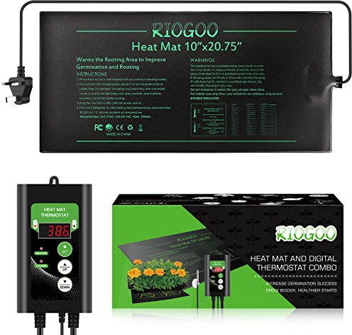 RIOGOO Sämling Heizmatte und Thermostat Set, Wasserdichtes Gewächshaus Heizkissen 25,4 x 52,7 cm Keimung Wärmematte für Terrarium Reptilien Amphibien