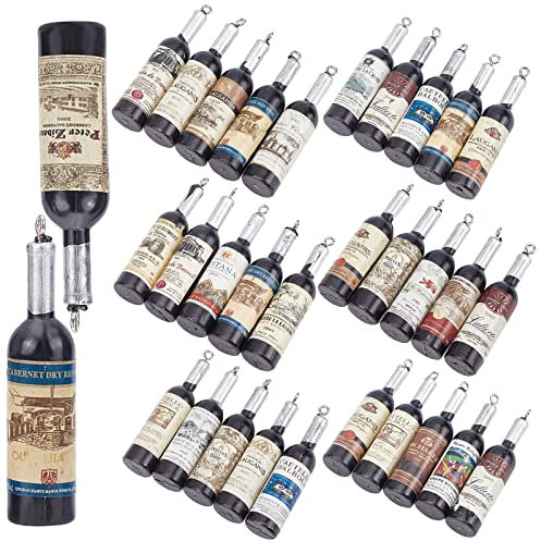 SUNNYCLUE 32 Pieza de Abalorios de Botella de Vino de Resina con Etiqueta Aleatoria Abalorios de Botella Colgantes de Resina con Pendiente de Lazo de Hierro Collar Llavero Colgantes