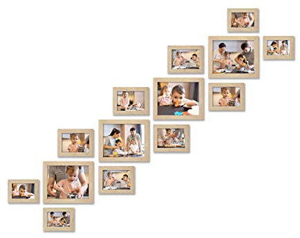 VELISTA 14-teiliges Treppen-Bilderrahmen-Set für Wand-Collage, Treppenhaus-Galerie-Rahmen-Set, rustikale Treppendekoration, Leiter-Holz-Bilderrahmen, Bauernhaus-Treppen-Dekor (Eiche)