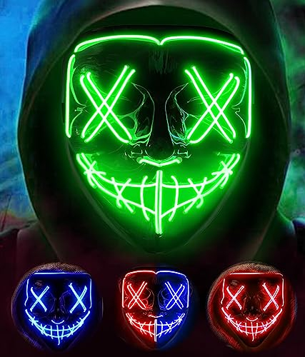 AnanBros Halloween Maske, LED Maske im Dunkeln Leuchtend, 3 Beleuchtungsmodi für Kostümspiele Cosplays Feste und Partys (Grün)