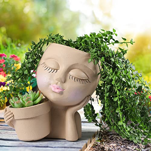 WEWEOW Pot de Fleurs Double en Un pour intérieur et extérieur en résine avec Trou de Drainage - Motif Visage de Femme Mignonne
