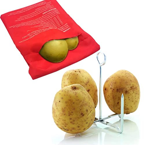 Potato Baking Rods and Microwave Potato Cooker Bag Set,Baked Perfect Potatoes Quickly with Reusable 4pongs Spud Spikes n Potato Baked Bag
