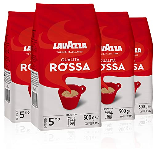 Lavazza, Qualità Rossa, Caffè in Grani, con Note Aromatiche di Cioccolato e Frutta Secca, Arabica e Robusta, Intensità 5/10, Tostatura Media, 4 Confezioni da 500 g