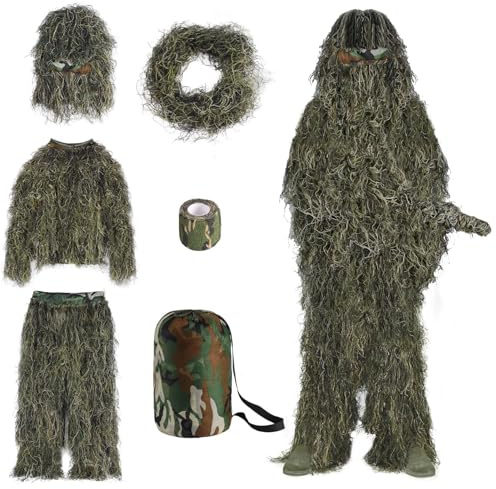 Slendor 6 in 1 Ghillie Suit, 3D Camouflage Apparel Camo Halloween Clothes, Bushman Costume Suitable for Unisex Adults/Youth (S/M/L/XL/XXL)