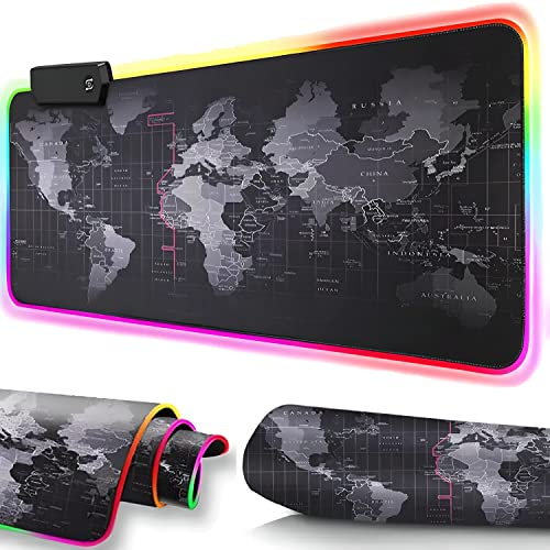 Retoo Tappetino per mouse RGB Gaming con mappa del mondo, tappetino da scrivania a LED, XXL, con modalità di illuminazione, tappetino per mouse multi colore, tappetino per mouse grande, accessorio