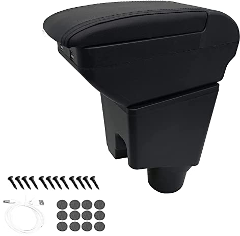 Car Armrest Box Compatible with Toyota Yaris Hybrid 2015-2021, Dual Layer Armrest with 7 USB Charging Ports Black PU Leather Central Console Storage Box Automobile Arm Rest