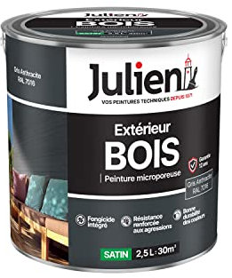 Julien Peinture Bois Microporeux Extérieur Satin - Portes, fenêtres, portails, mobilier de jardin - Gris Anthracite 2,5 L