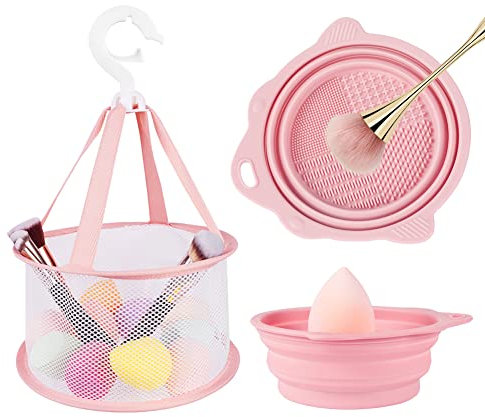 AUAUY Makeup Brush Cleaning Mat & Hanging Drying Net, Foldable Makeup Brush Cleaner, Silicone Brush Cleaning Bowl With Mesh Drying Rack Basket to Dry Makeup Sponge, Powder Puff, Brush(Pink)