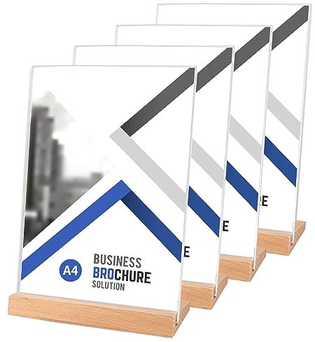 SWAWIS Lot de 4 Présentoir de Table A4 Acrylique avec Base en Bois, Porte Affiche Porte Menu Pour Cafés Restaurants Hôtel