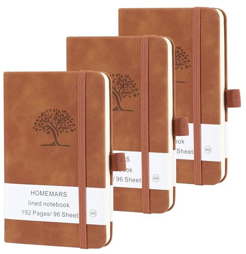 HOMEMARS Notizbuch A6, 3 Stück Notizbücher Set, 14.4cm x 9.6cm Notizblock, Braun, 192 Seiten, Notizheft, Notizblock a6, Journal, Reisetagebuch, Notizbuch Leder, Prägebaum Design