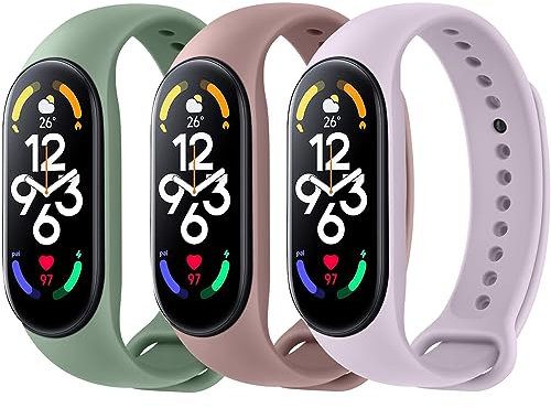 Vancle 3 Stück Armband für Xiaomi Mi Band 7, Weiches Silikon Sport Wasserdicht Ersatzarmband für Xiaomi Mi Band 7 Damen Herren (Rauch Violett/Avocadogrün/Lavendel)