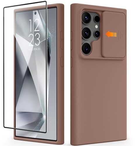 GVIEWIN for Samsung S24 Ultra Case with with Slide Camera Magnetic Silicone | With Screen Protector,Liquid Silicone,Fullbody Protection,Shockproof Anti-scratch,Soft Microfiber Lining 6.8 2024,Brown