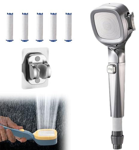 EFEMIR 4-mode Handheld Pressurized Shower Head with Pause Switch, Water Saving Adjustable Shower Nozzle Filter for Bathroom, Multifunctional Handheld Pressurized Shower Head (Silver)