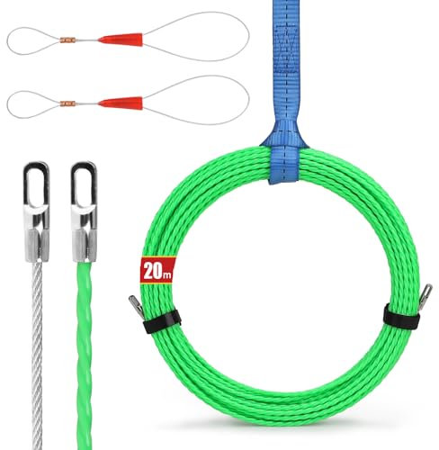 EFUTURETIME Aiguille Tire Cable Electrique 20m, Tire Fil Cable Pullers avec 2 Ressorts de Guidage, 3 Sangles d'Arrimage, Ruban à Poisson Fibre de Verre pour Insertion et Extraction de Câbles