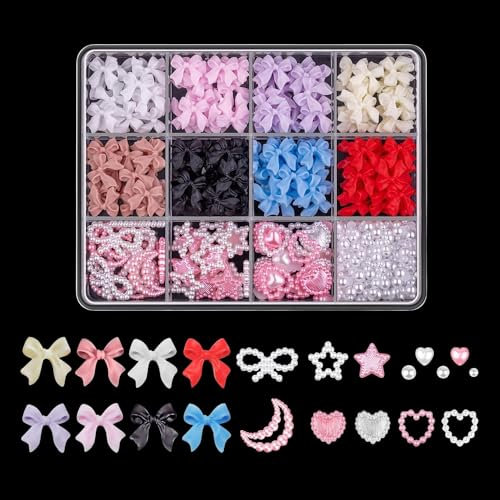OTKARXUS 3D Nail Charms,Assorted Color Bow Nail Charms Pearl Heart Bowknot Moon Star Flatback Pearl Nail Gems,Rhinestones Nail Art Decorations for Women Girls Manicure Design DIY Craft