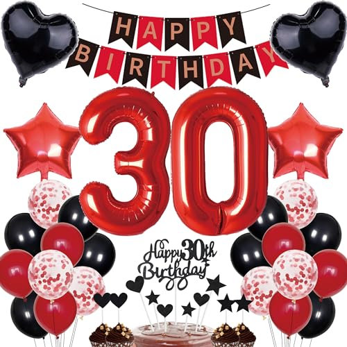 30. Geburtstag Dekorationen Mann Frauen Deko Geschenk für 30. Geburtstag Tortendeko 30 Geburtstag Frauen Happy Birthday Banner Rot Schwarz Deko Set 30 jahre Geburtstag deko Zahl 30 Party Ballons
