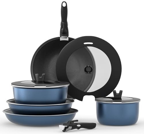 Motase Bratpfannenset mit abnehmbarem Griff 12-Teilig, Pfanne 20/26cm, Tiefe Pfanne 26 cm, Topf 16/20cm mit Deckel, Induktion Töpfe Pfannen Set, Antihaftbeschichtet, stapelbar, backofenfest