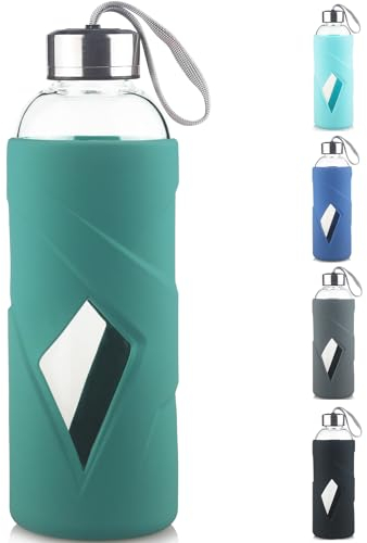 SHOW INGENUITY 1000ml Botella de Agua de Vidrio de Borosilicato Con Manga de Silicona y Tapa de Acero Inoxidable