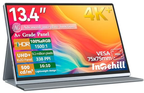Intehill 4K Portable Monitor 13.4 inch, IGZO Anti-Glare Eye Care Panel, Ultra-High Definition 3840x2400, 16:10, 500 Nits, 1500:1, 100% sRGB, Ultra-light Aluminium, VESA, with Protective Cover(U13ZA)